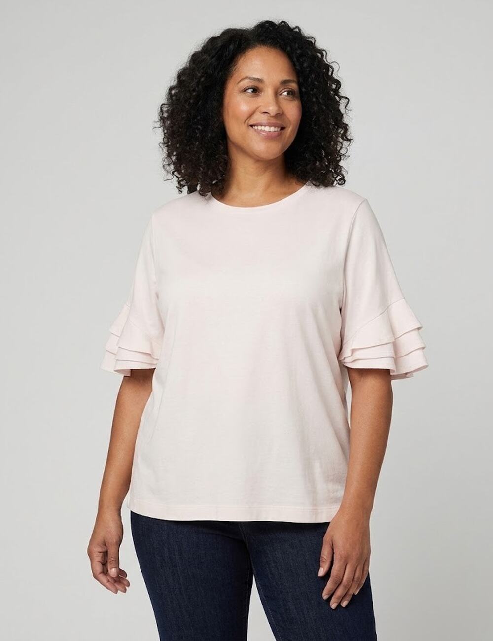 Akris Punto Layered Flounce Sleeve Knit Cotton Top Pale Pink US 14